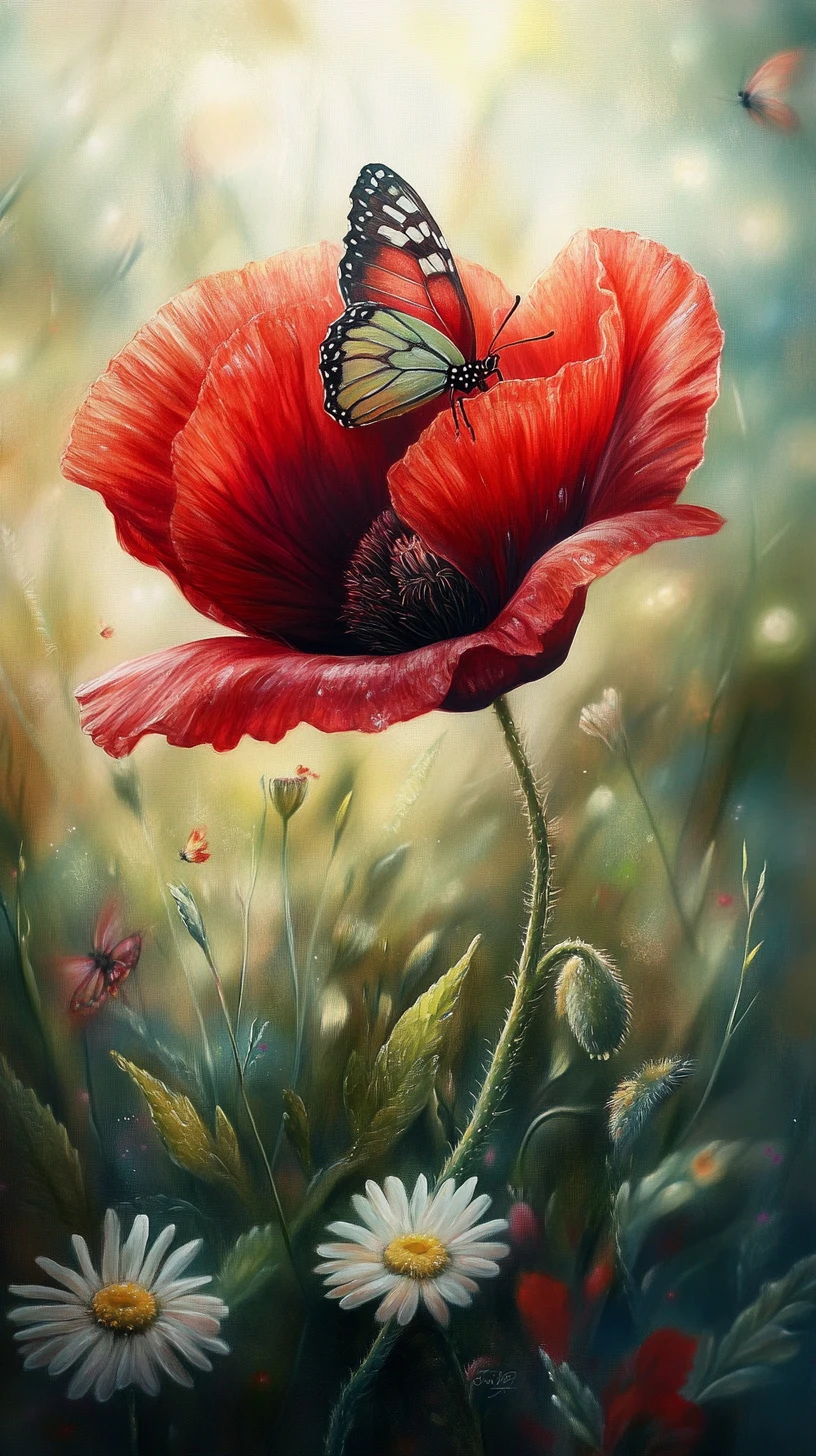 Detailed red poppy painting with butterfly in flower field