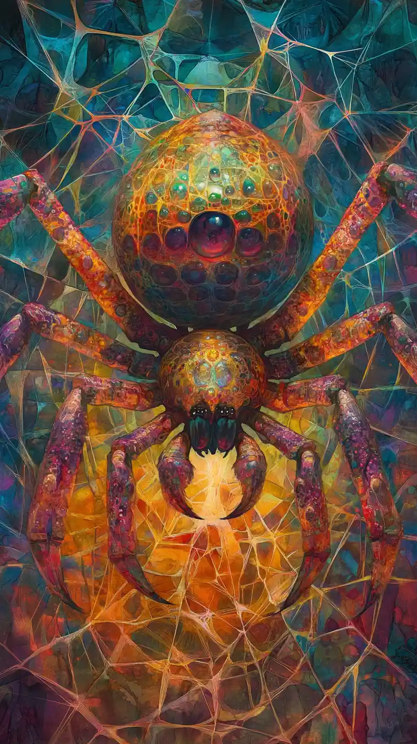 Psychedelic spider creature on a vast hypnotic web