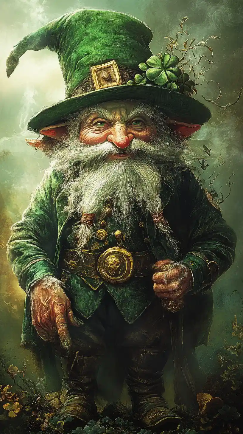 Mischievous leprechaun in green coat guarding hidden gold