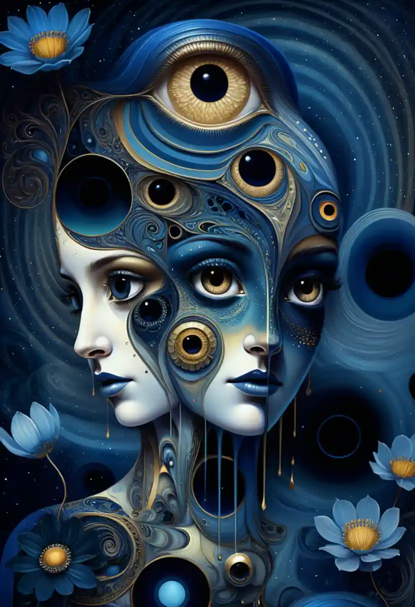 Surreal Female Faces Merged With Cosmic Abstract Forms