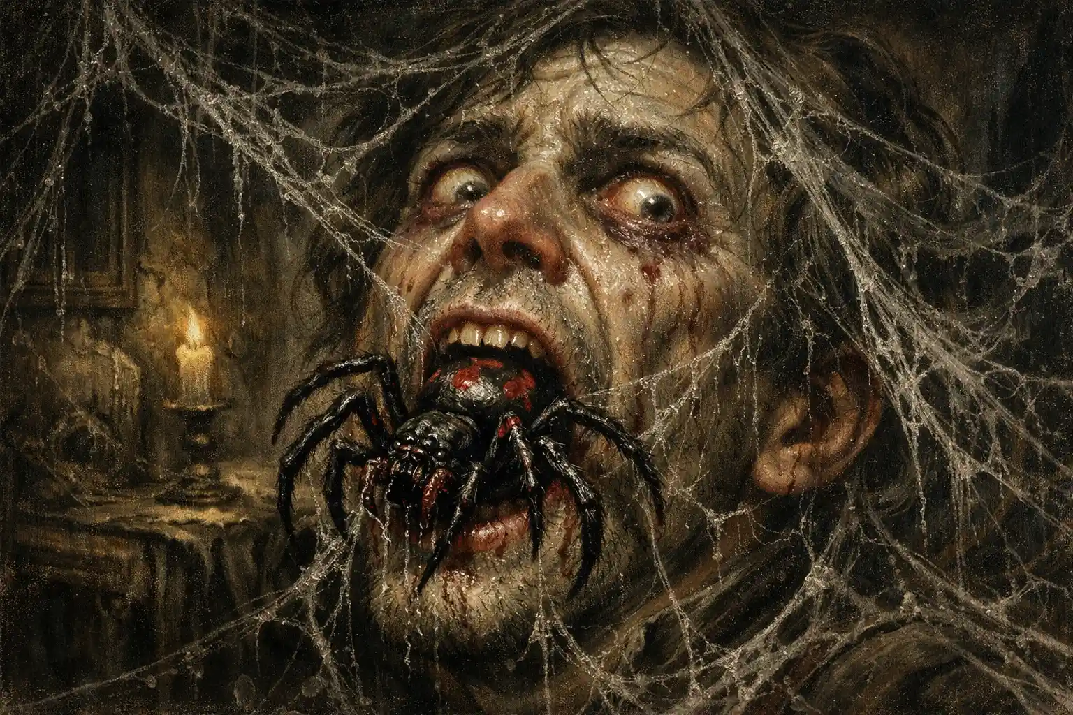 Hombre aterrorizado con una araña saliendo de su boca en la oscuridad
