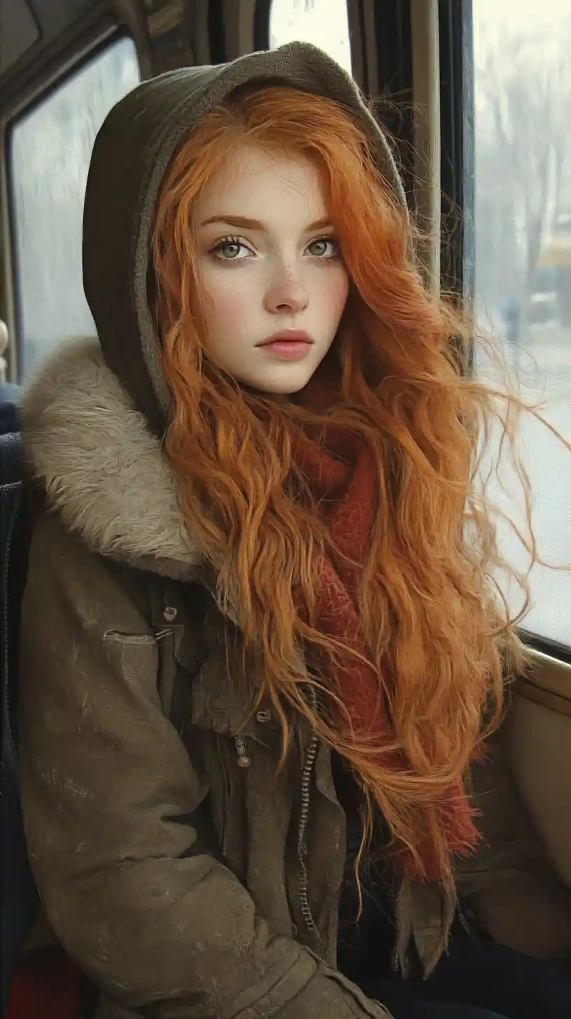 Red haired girl in winter coat riding public transport