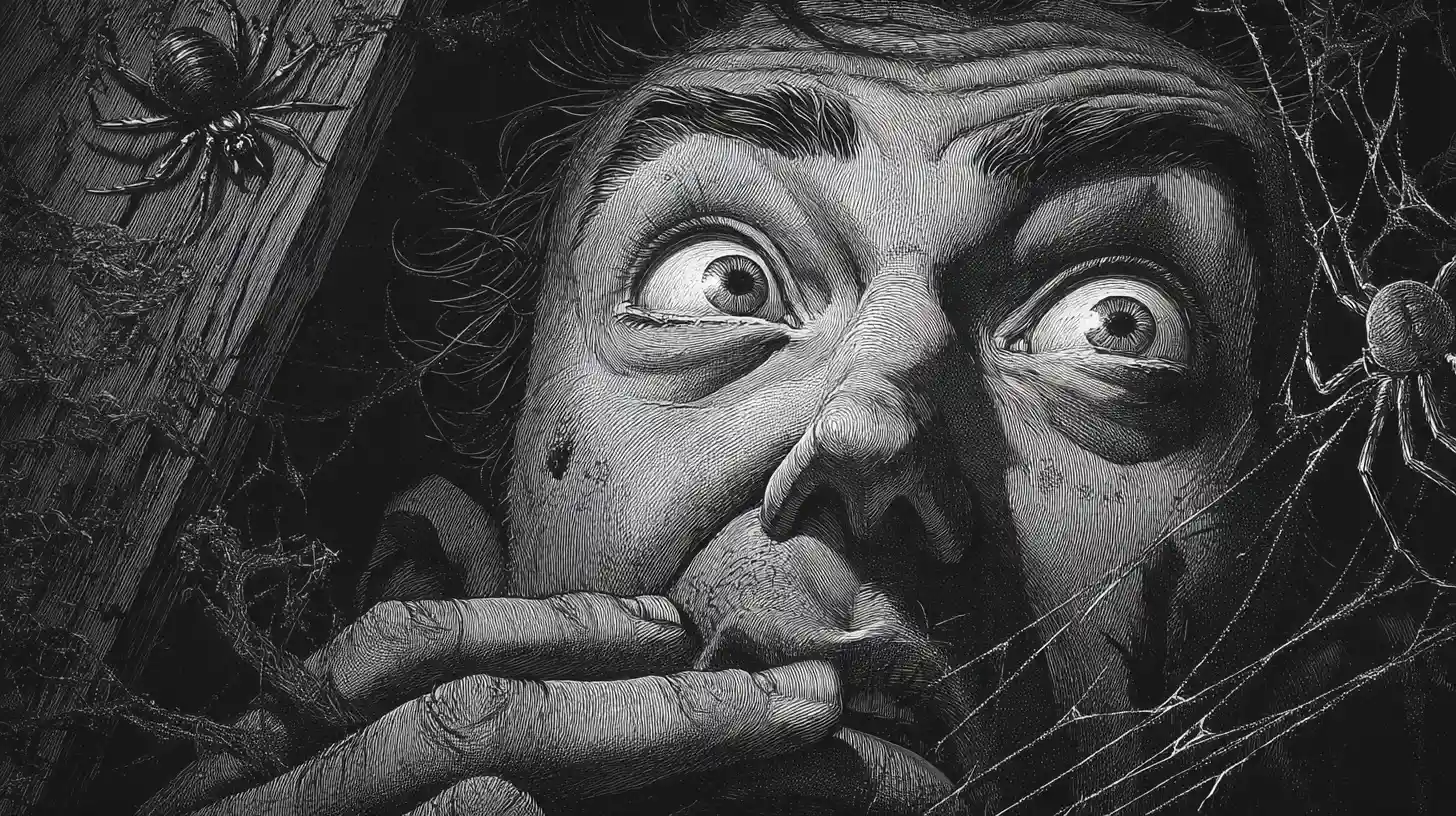 Terrified man with spider crawling from his mouth