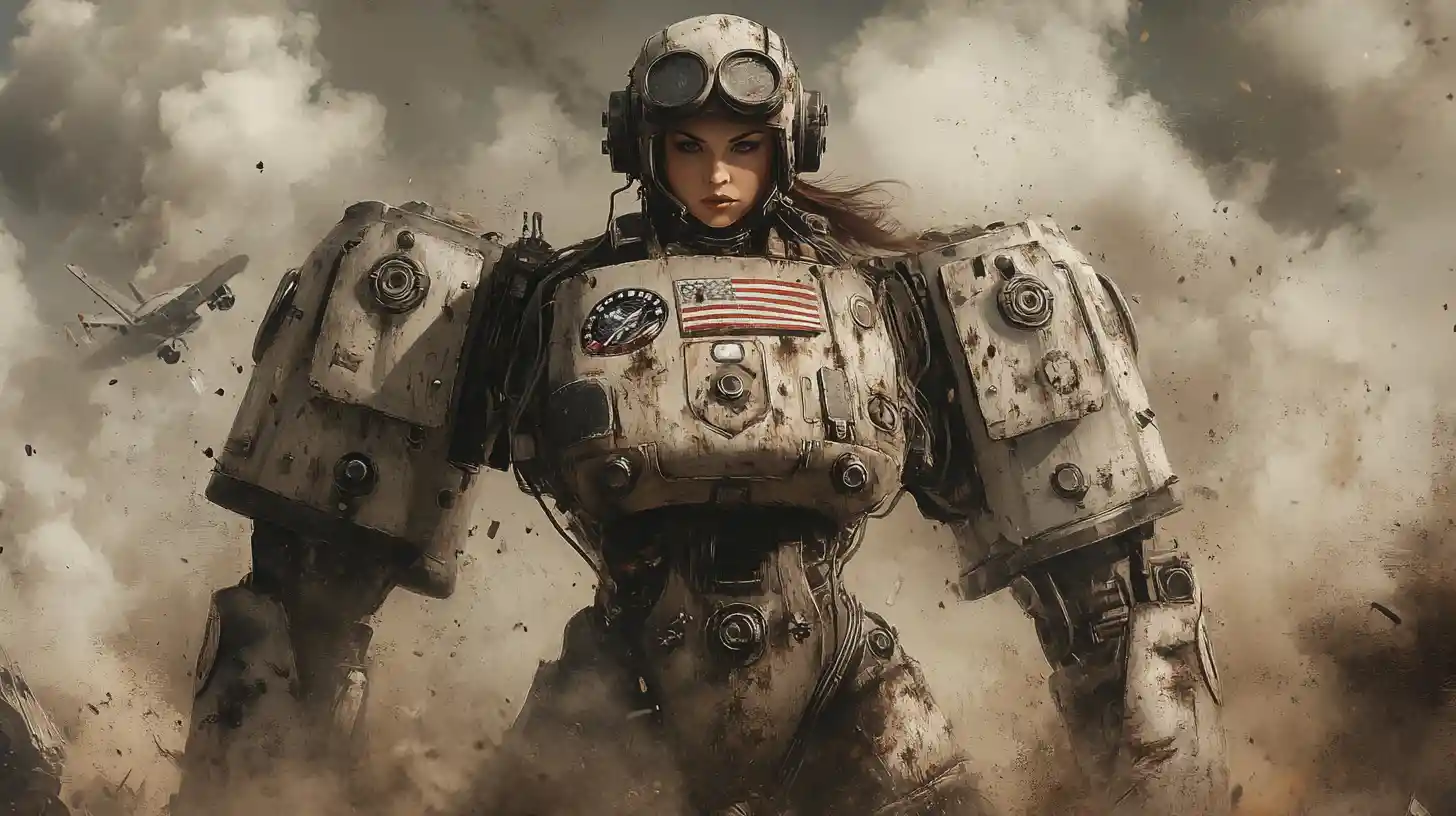 American pilot and dieselpunk mech on smoky battlefield