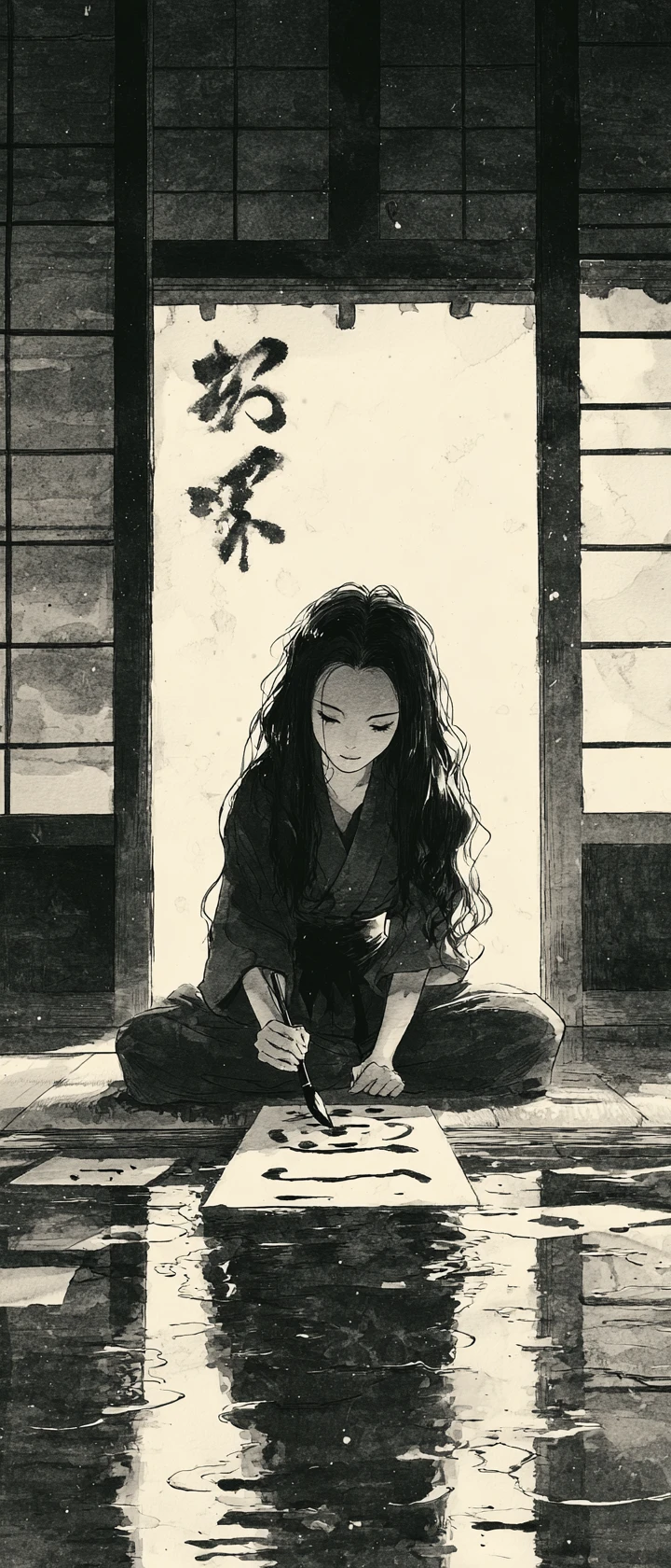 安靜道場中獨自練習書法的年輕女子