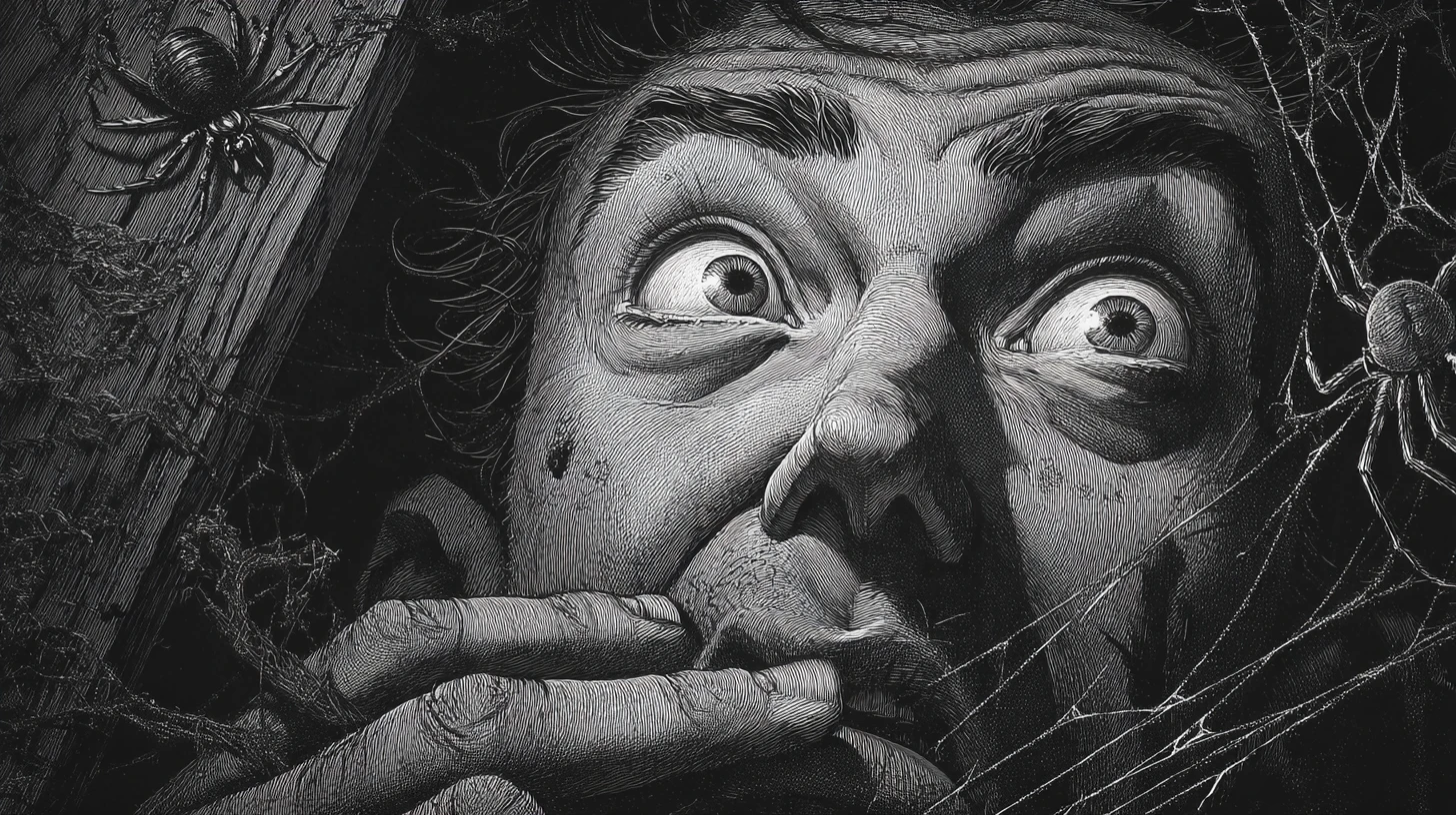 Terrified man with spider crawling from his mouth