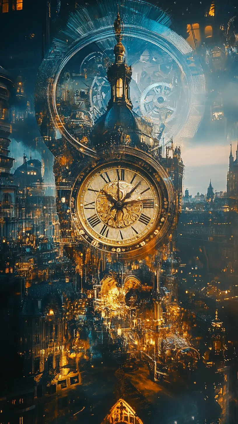 Surreal double exposure clock bending time and reality