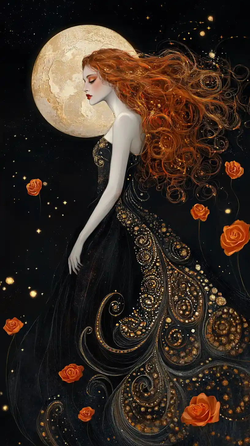 Melancholische rothaarige Frau vor einem goldenen Mond