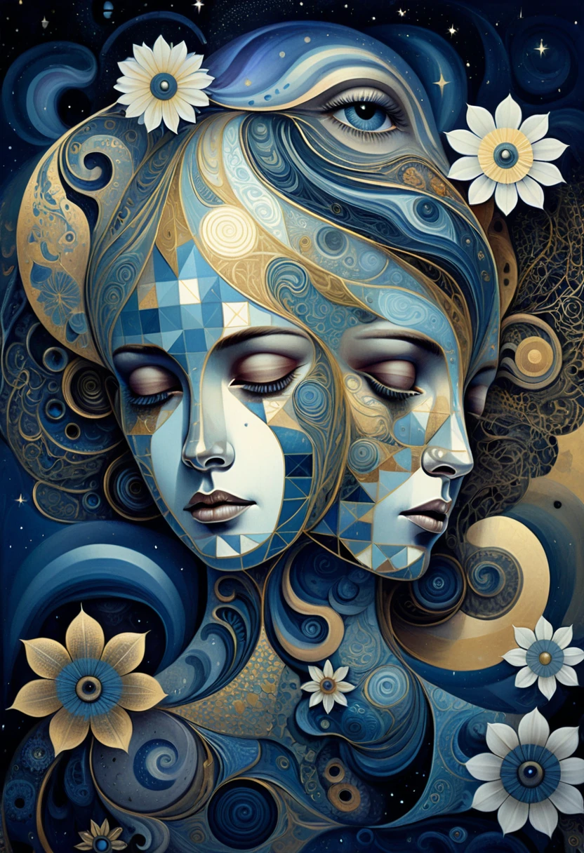 Surreal merged female faces in a cosmic abstract scene