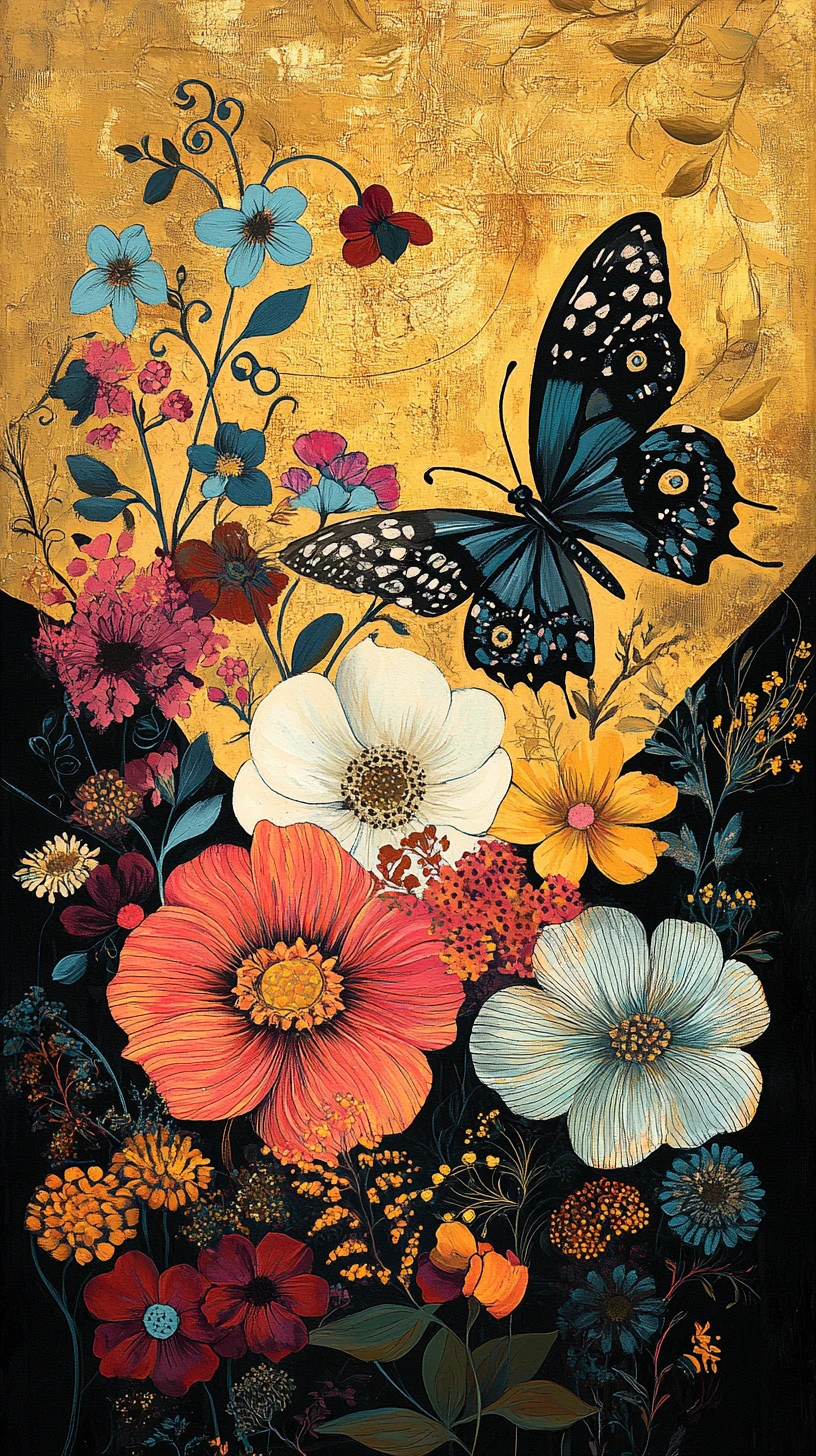 Silueta floral audaz con mariposa sobre fondo geométrico