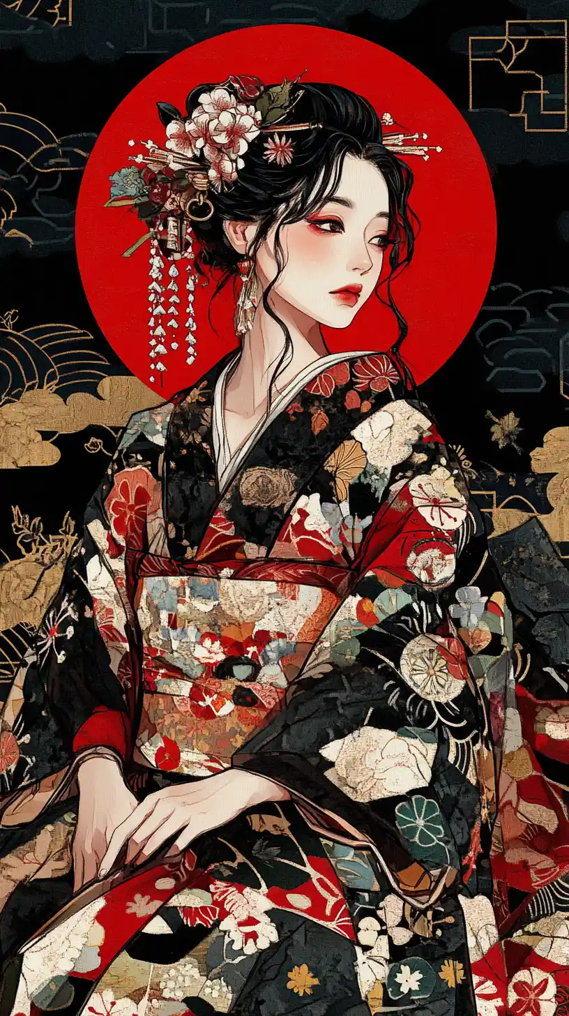 Elegante donna giapponese in kimono con ritratto in controluce