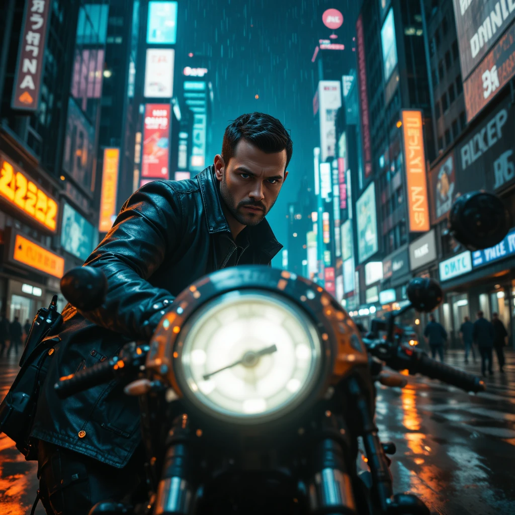 Detektiv mit Pistole neben Motorrad in futuristischer Neonstadt