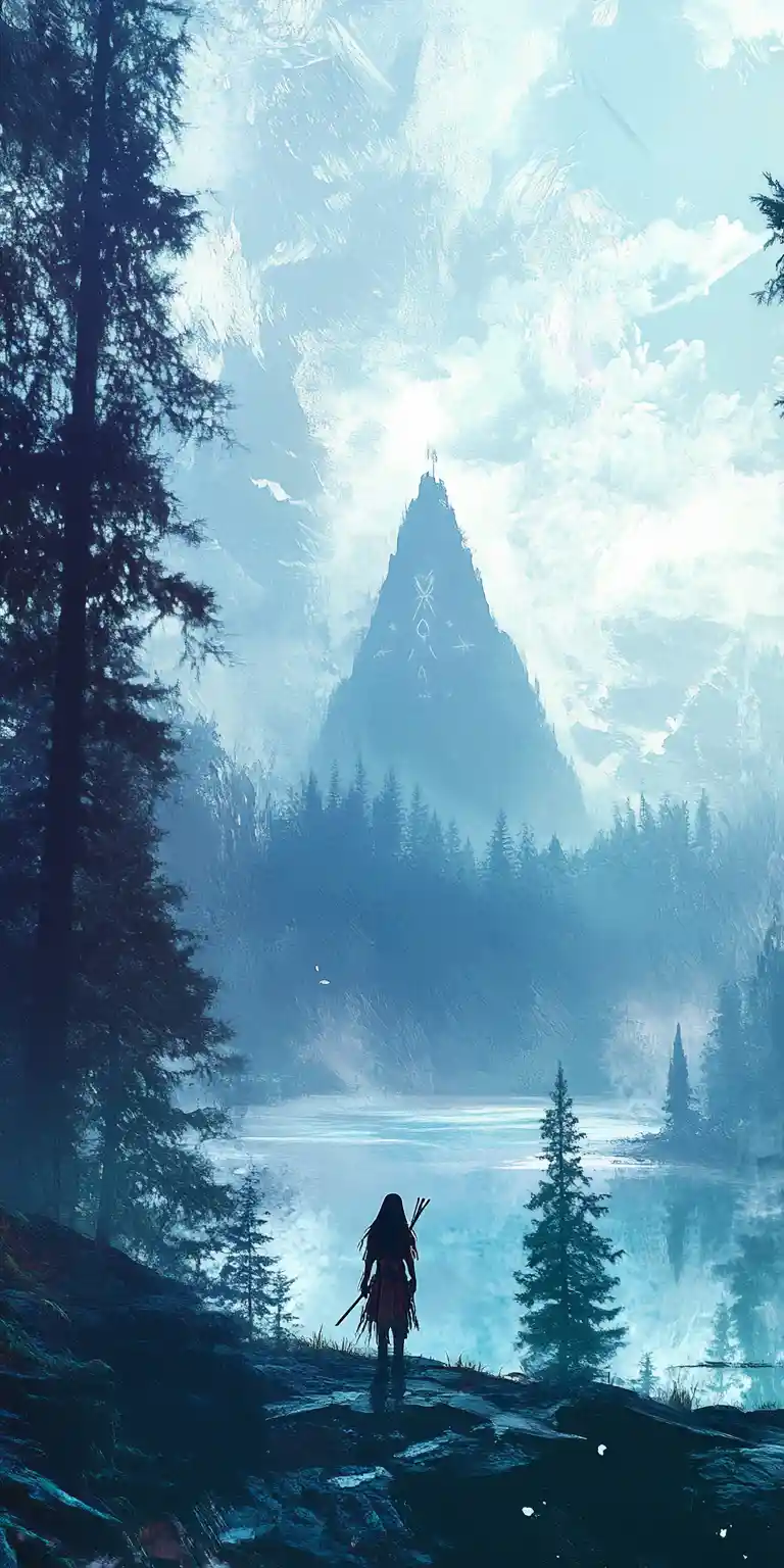 Mystical Native American figure by a misty forest lake