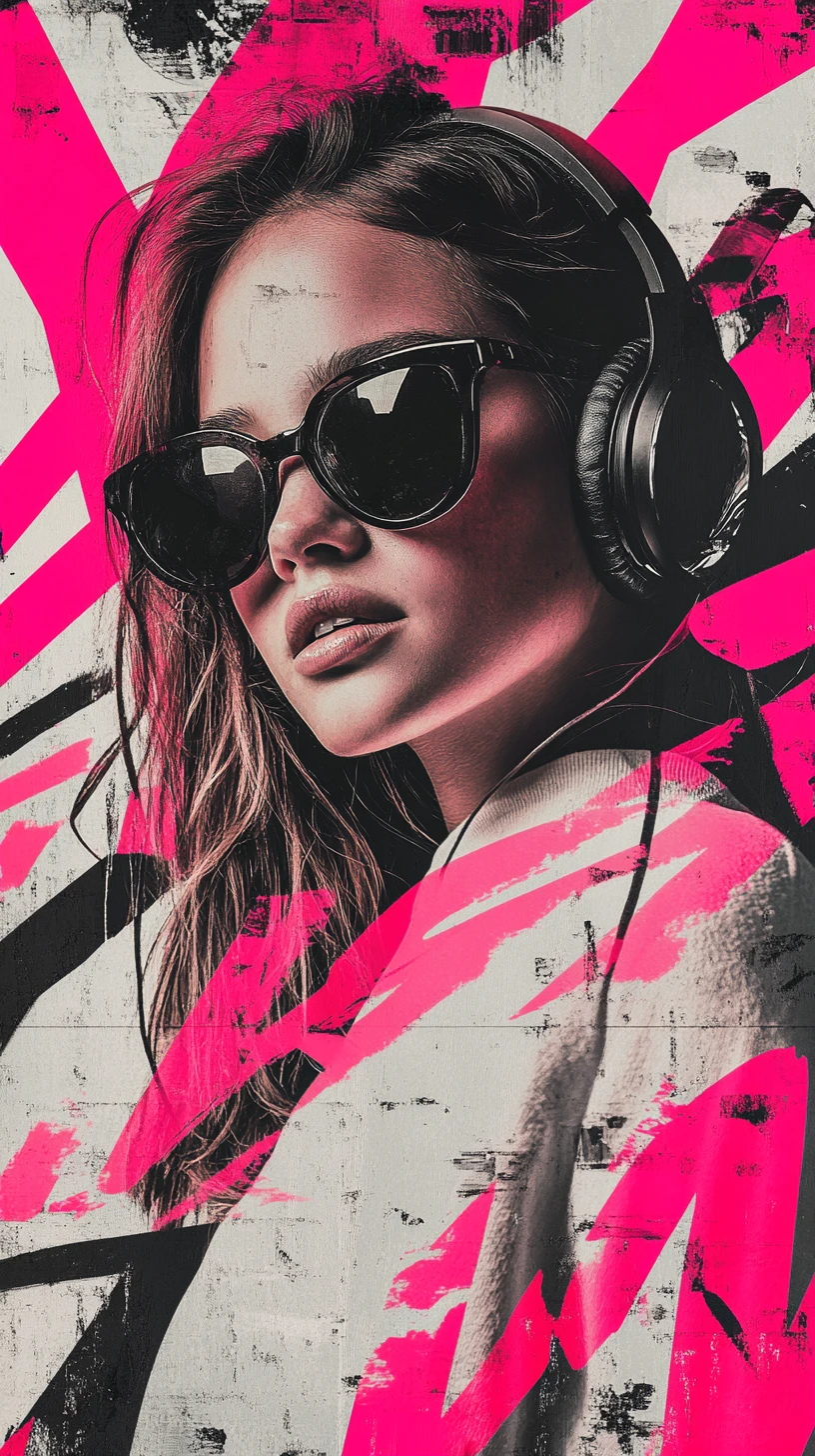 Cool girl portrait with headphones in bold pop art style