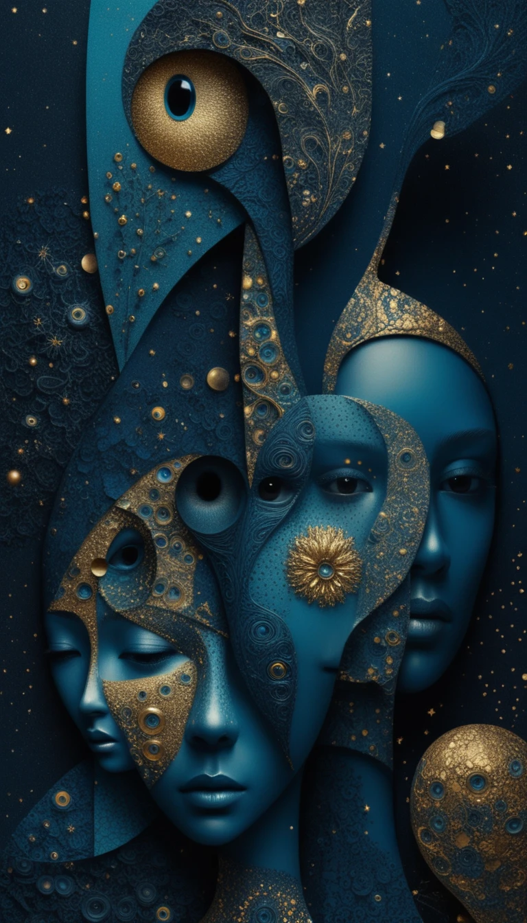 Surreal female faces merging with cosmic abstract forms