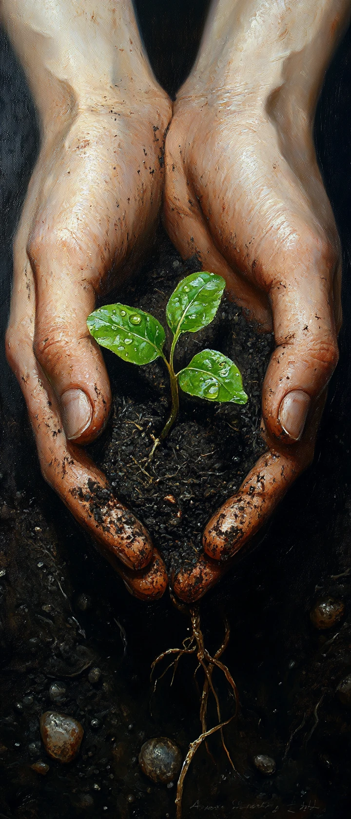 Gardener hands nurturing a tiny seedling in rich soil