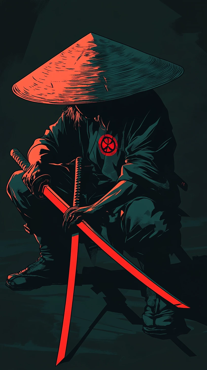 Guerrero estoico con katana luminosa en estilo vectorial dramático