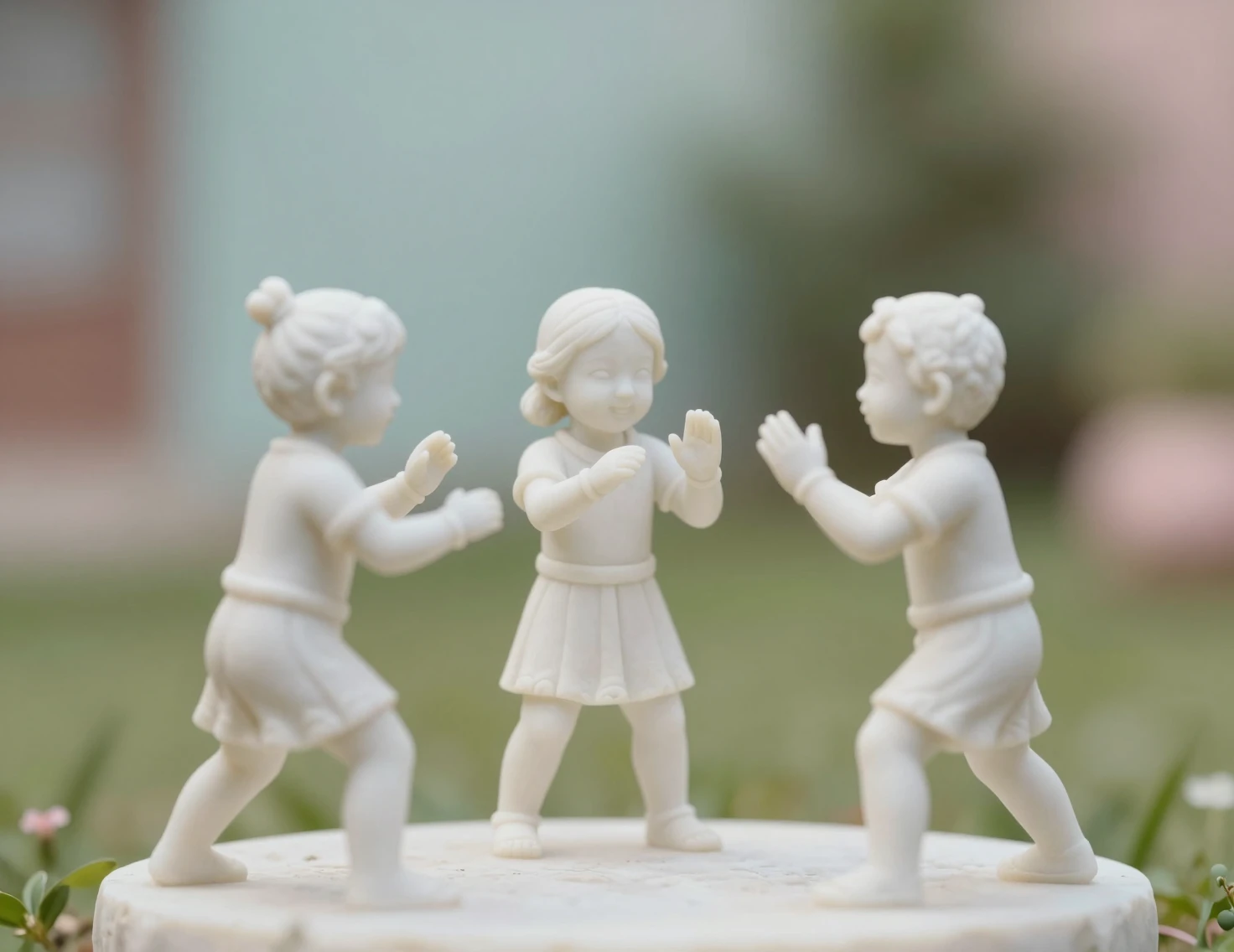 White marble statue of children playing in soft bokeh