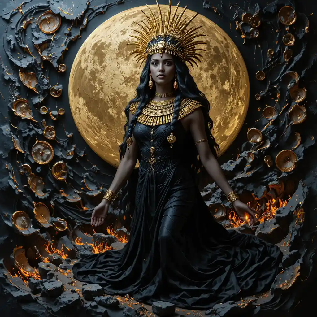 Egyptian priestess under a glowing full moon in black and gold