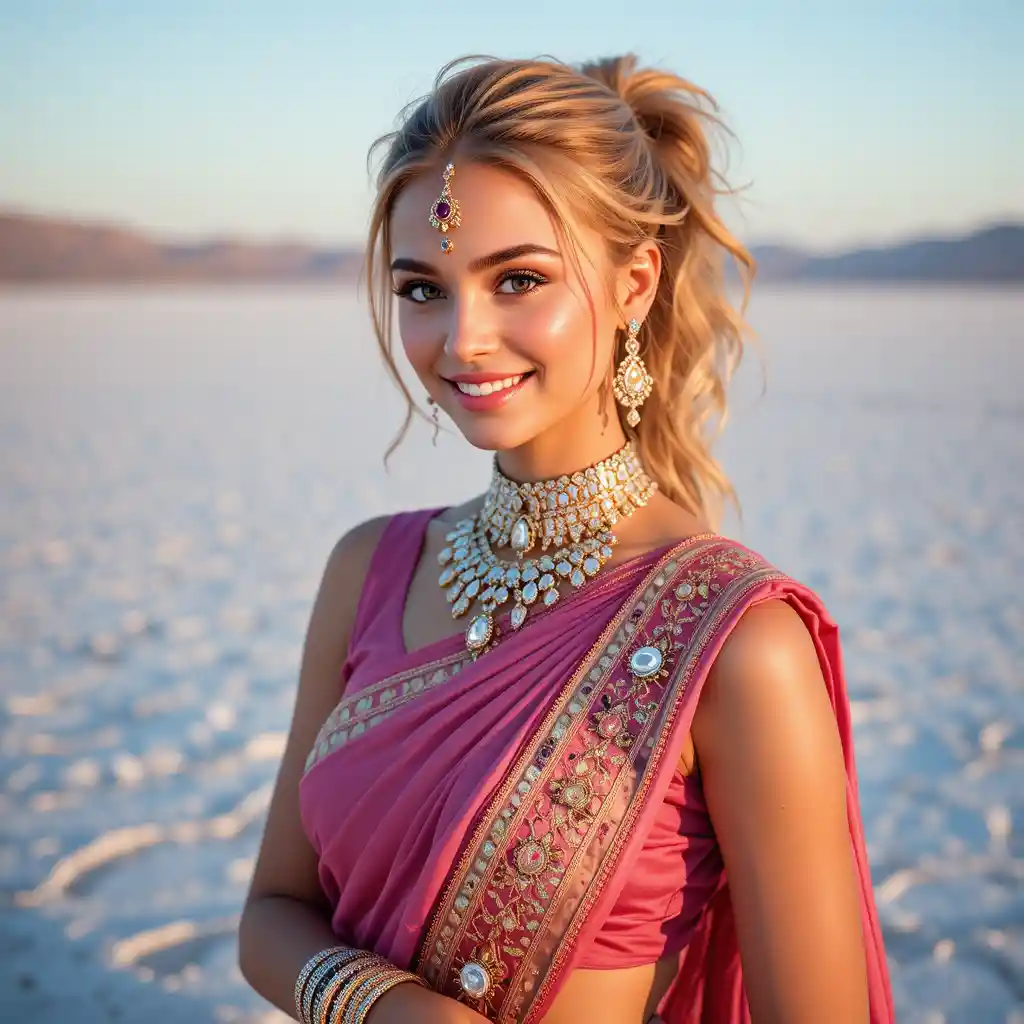 Blonde woman in pink saree on sunlit salt flat