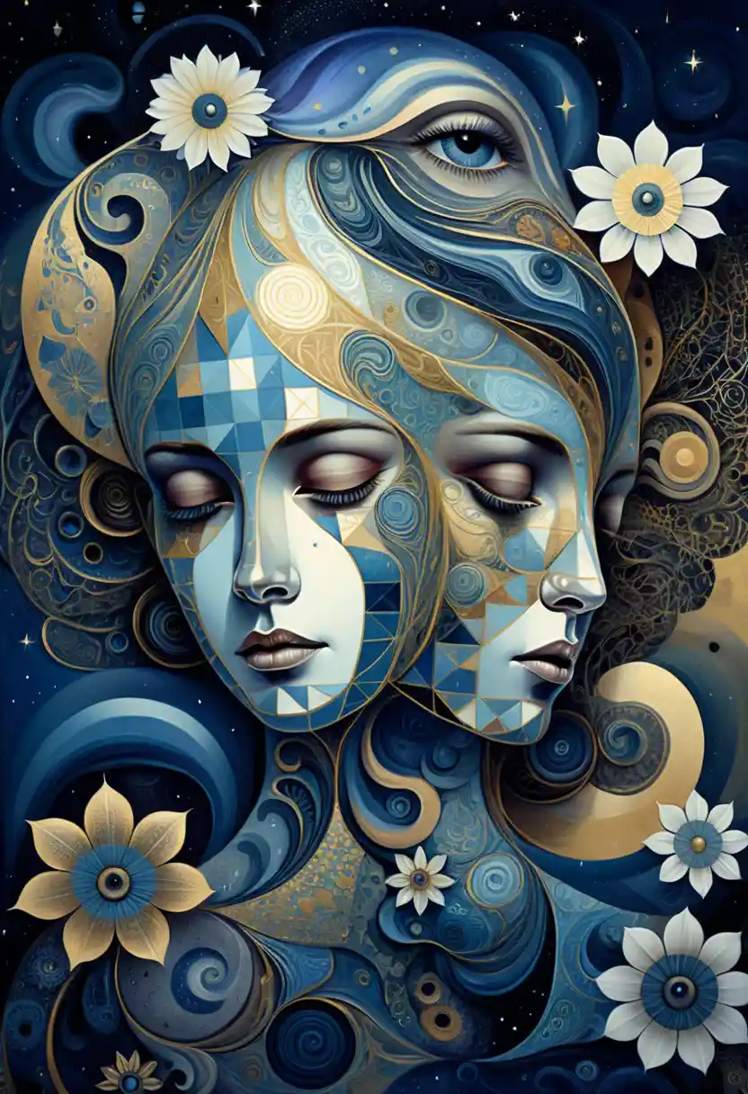 Surreal merged female faces in a cosmic abstract scene