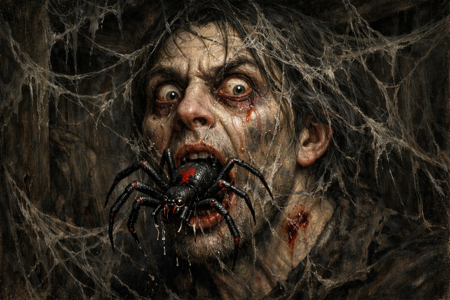 Homem apavorado com aranha mortal saindo de sua boca