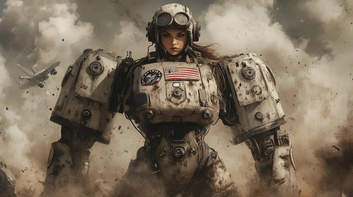 American pilot and dieselpunk mech on smoky battlefield