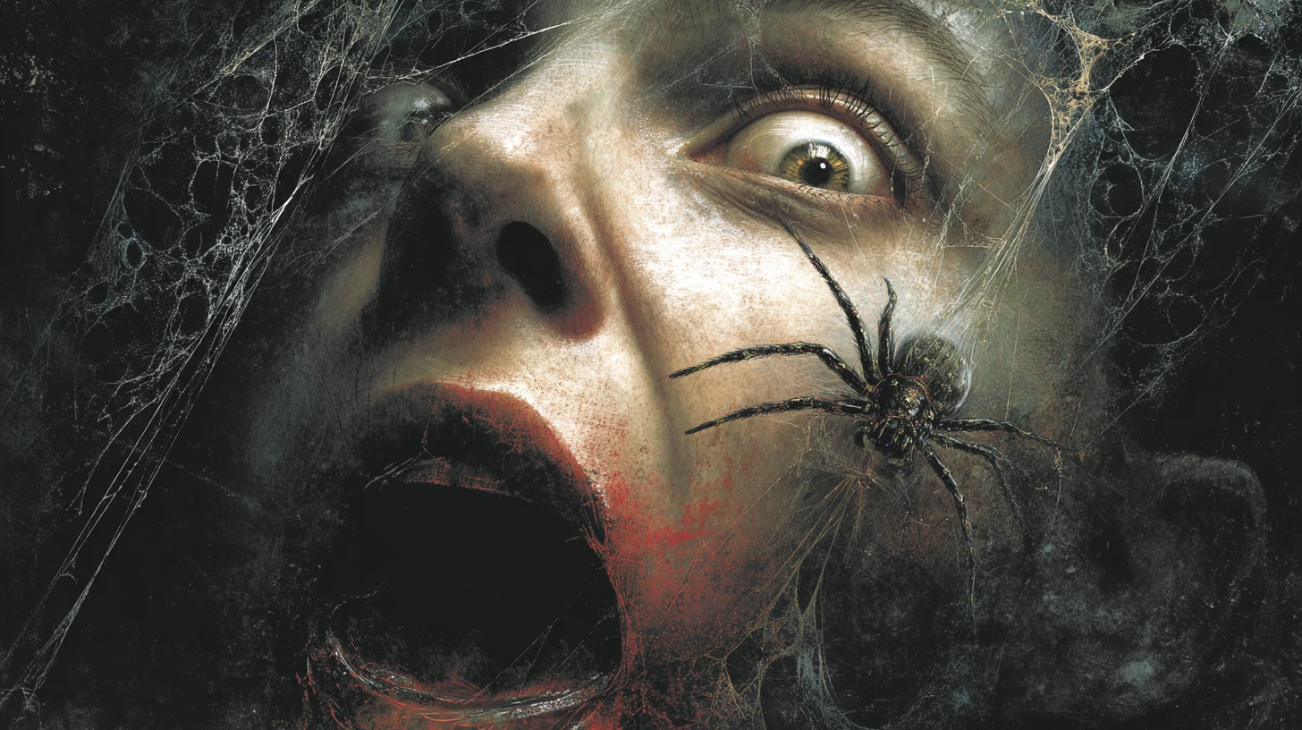 Verängstigter Mann mit Spinne, die aus seinem Mund kriecht