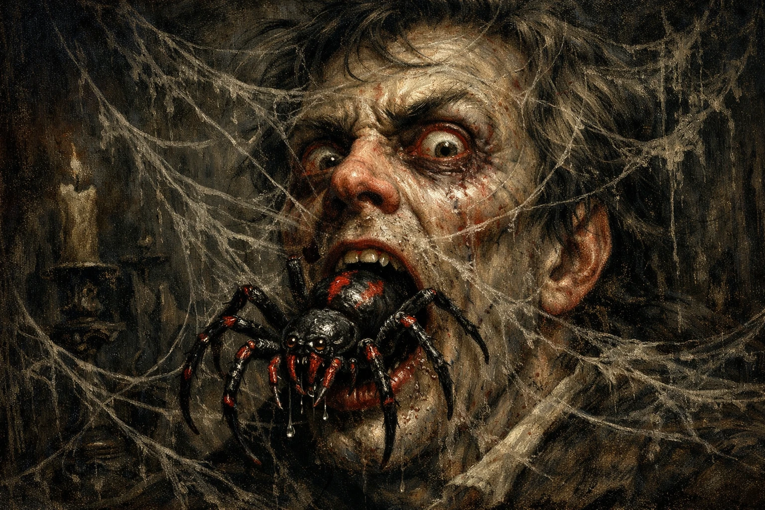 Homem apavorado com aranha saindo de sua boca