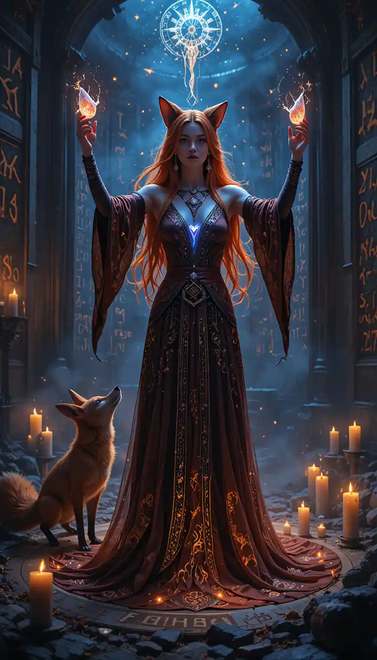 Sorceress channeling magic in a dark candlelit chamber