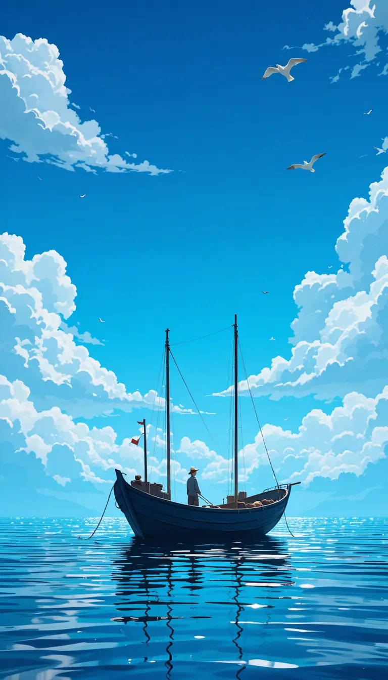 Solitary fishing boat drifting on a deep blue poetic sea