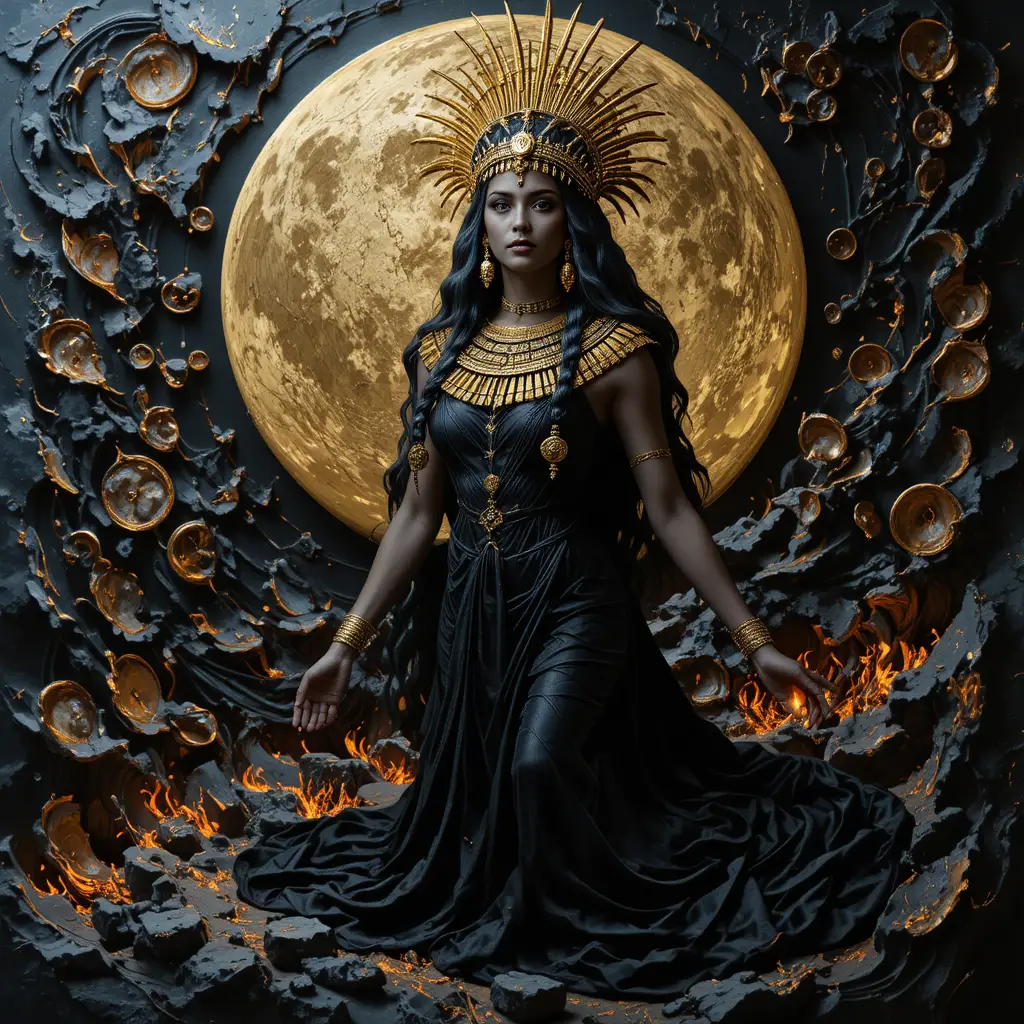 Egyptian priestess under a glowing full moon in black and gold
