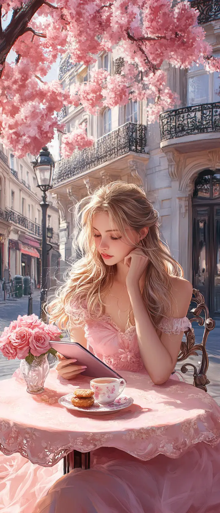 Young woman reading at a romantic parisian street cafe