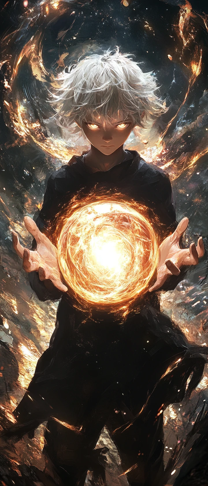 Chico de anime de cabello blanco sosteniendo un orbe radiante y luminoso