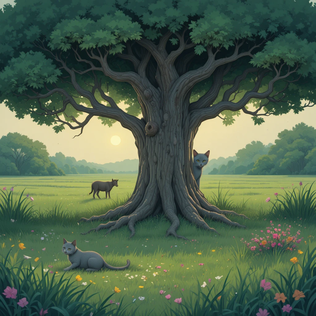 Gato gris solitario sentado bajo un gran árbol de banyán