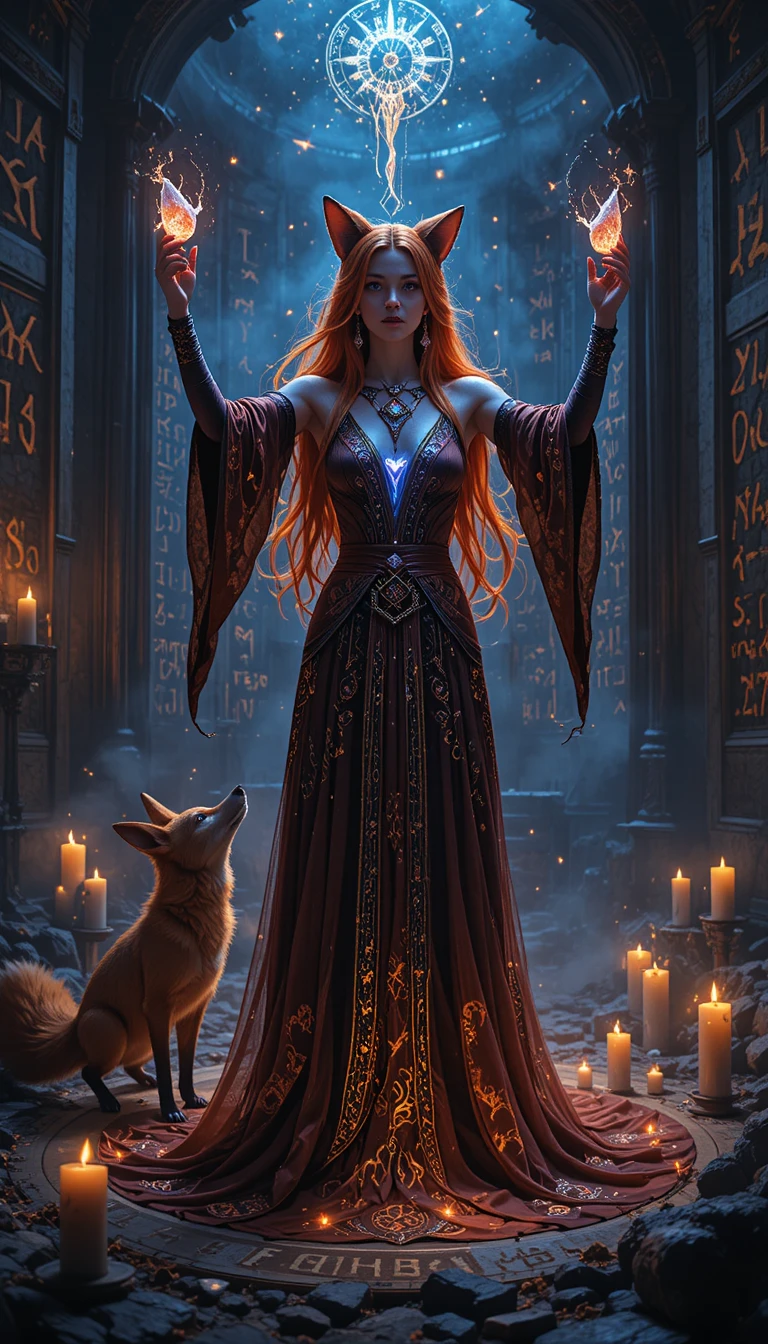 Sorceress channeling magic in a dark candlelit chamber