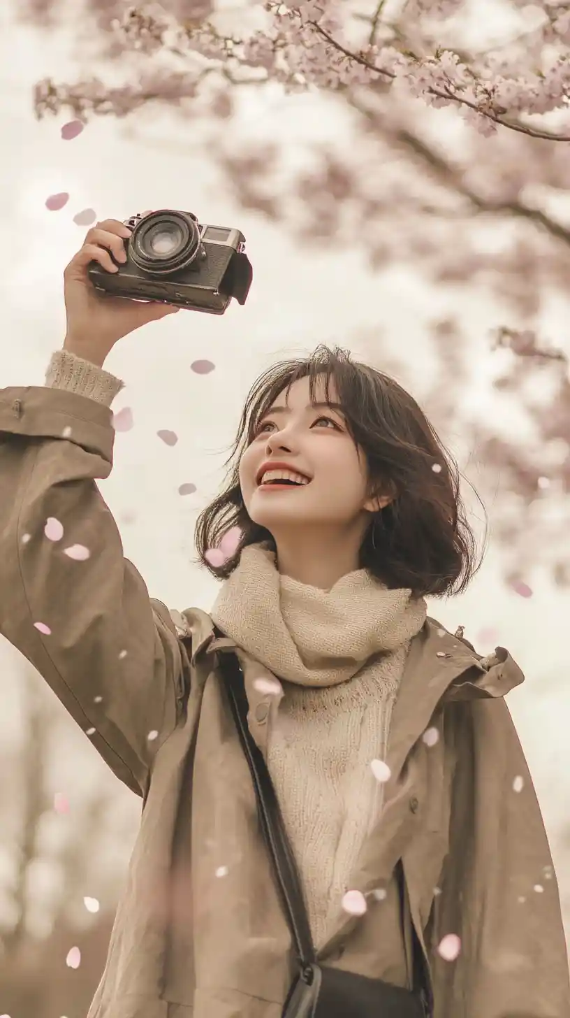 Joyful anime girl with camera under cherry blossoms