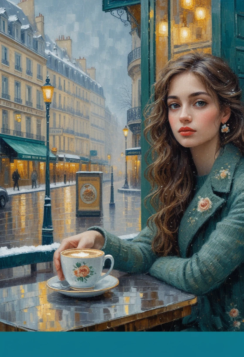 Pensive young woman in a snowy Parisian cafe painting