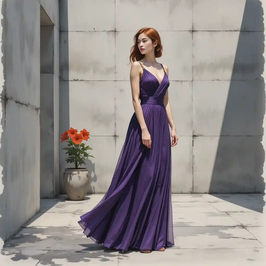 Korean woman in royal purple stola amid concrete walls