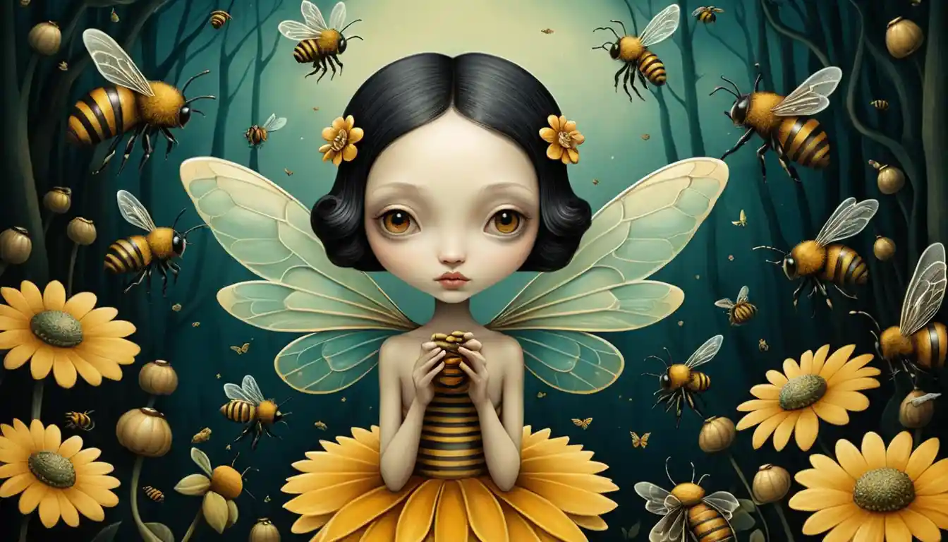 Verspielte Bienen in einer farbenfrohen, traumhaften Illustration