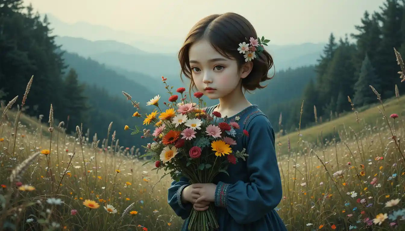 Young girl with wildflowers in a dreamy twilight field