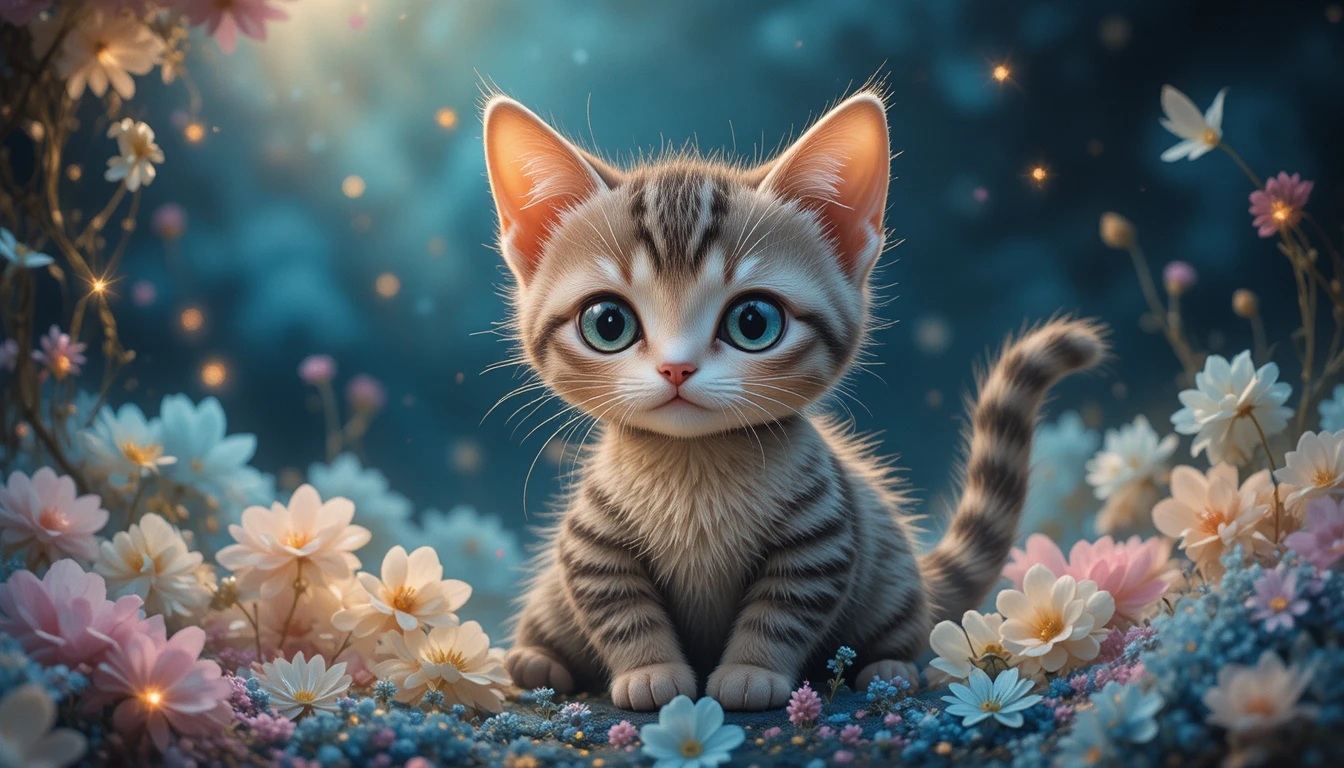 Ilustración de gatito encantador en un estilo onírico y colorido