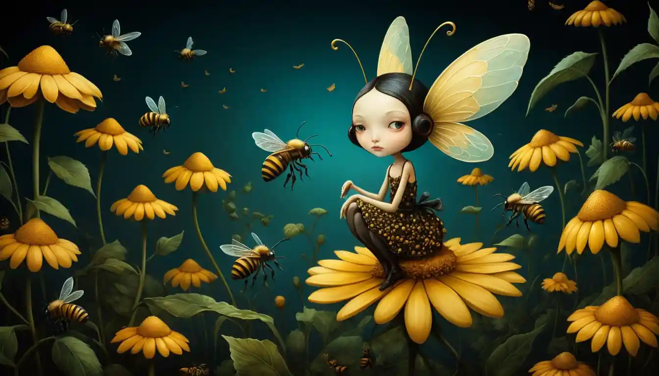 알록달록 꿈같은 스타일로 그려진 기 whimsical 한 벌들
