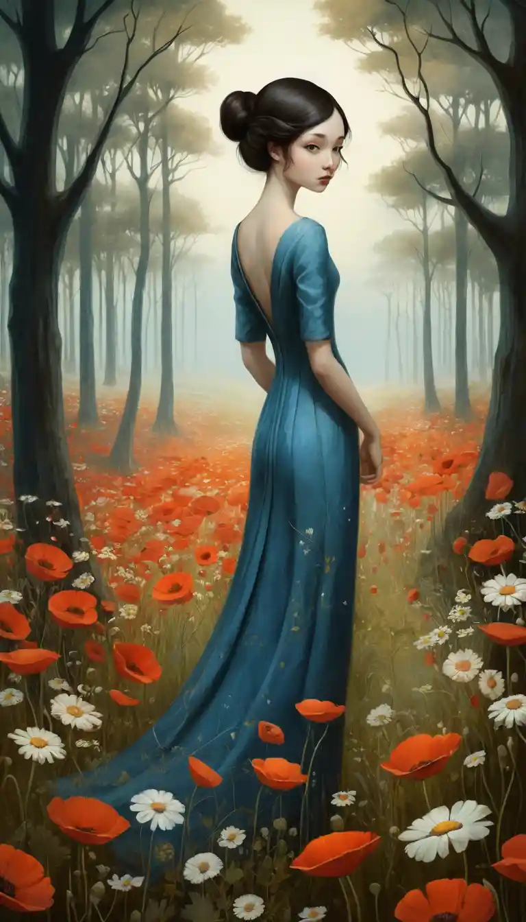 Woman holding wildflowers in a dreamy twilight landscape