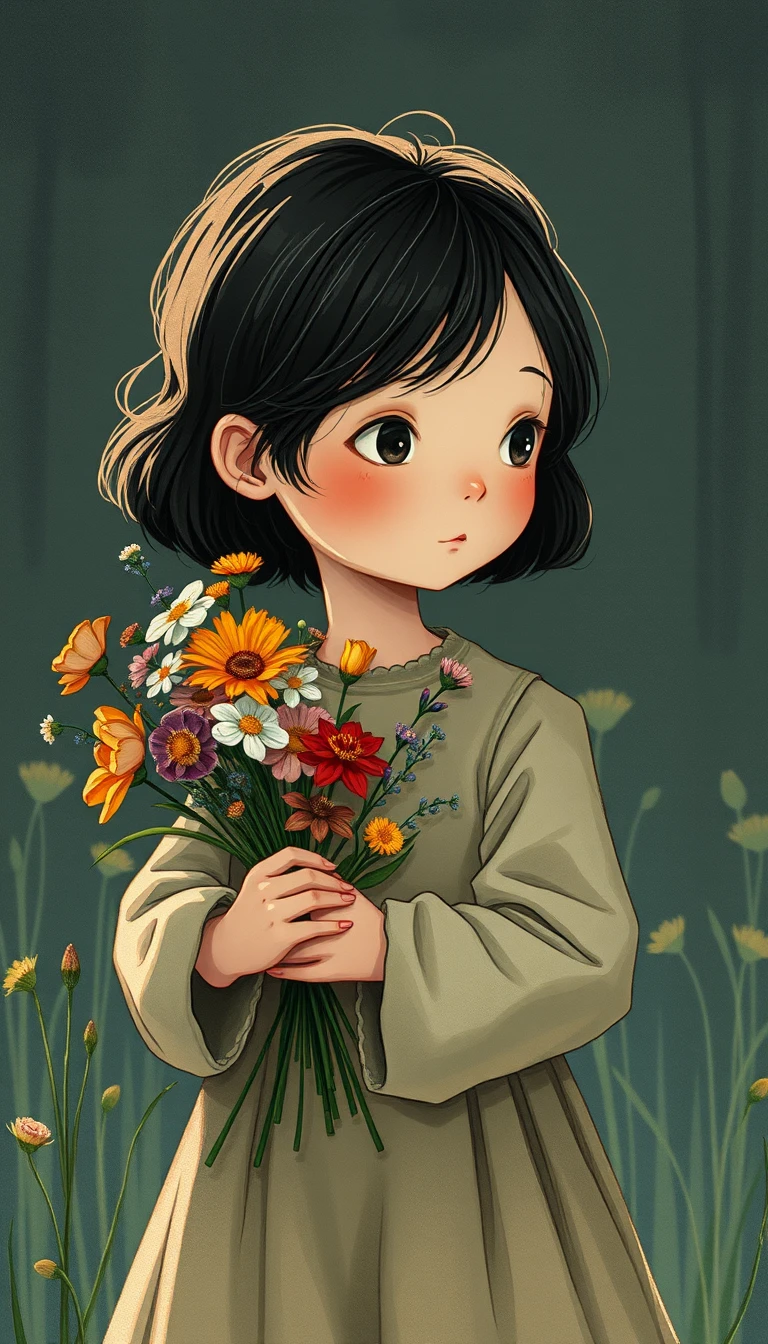 Young girl with wildflower bouquet in soft twilight field