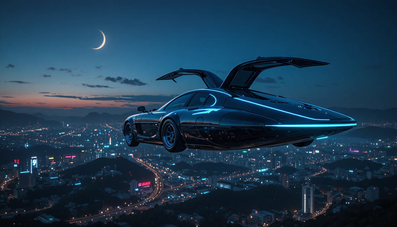 懸浮在霓虹都會上空的未來感UFO飛行車