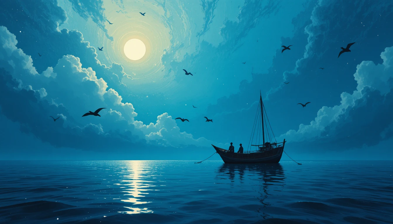Einsames Fischerboot auf einem tiefblauen poetischen Meer