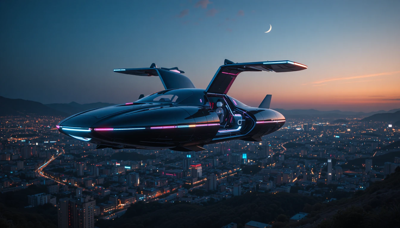 Auto UFO Futuristica in Hover sulla Città Illuminata al Neon