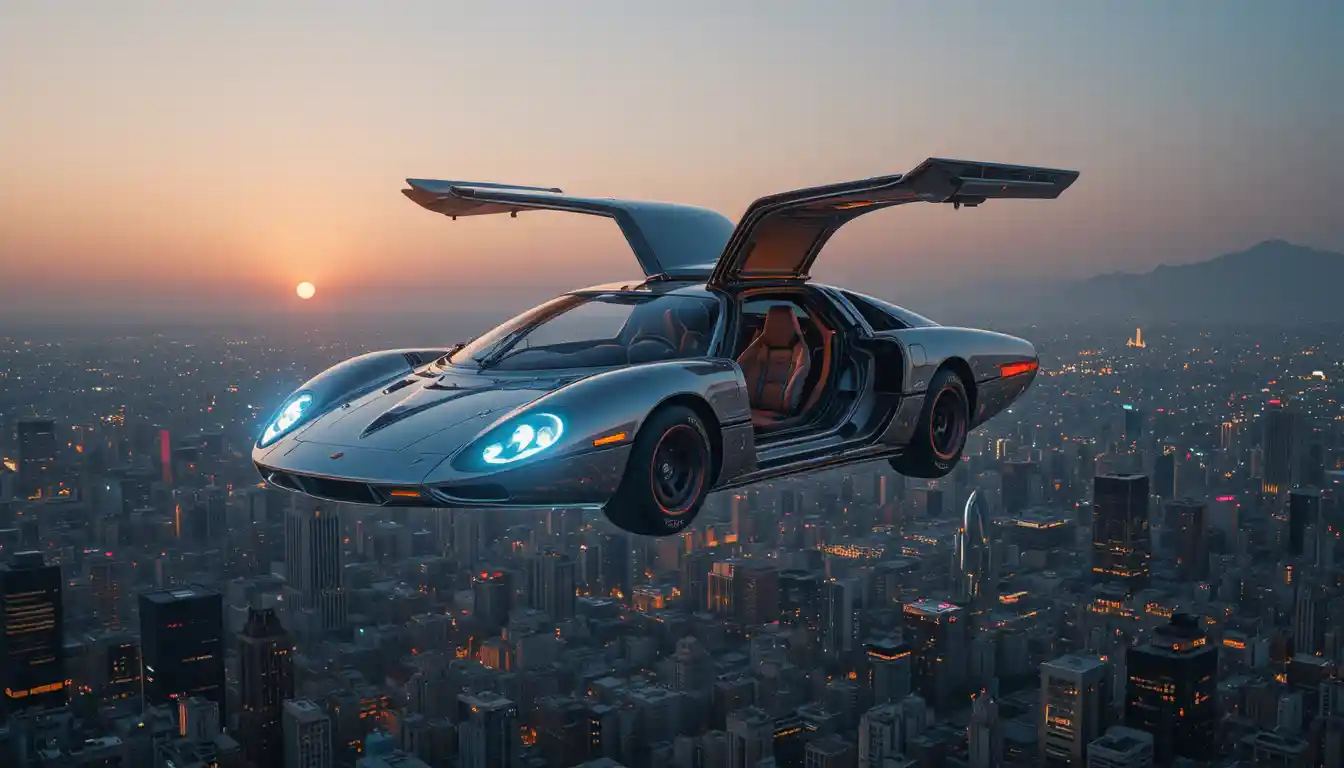 Futuristic flying car above a neon lit city at dusk
