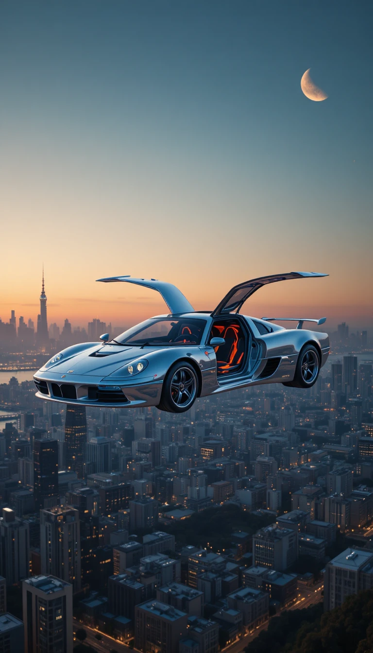 Auto volante futuristica sopra una metropoli illuminata al neon al crepuscolo
